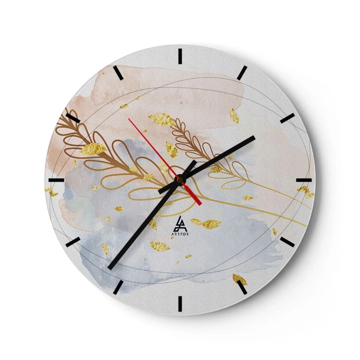 Nástenné hodiny - Jemný kvetinový motív so zlatými akcentmi v akvarelovej farbe - 30x30cm - Zlatý závan - Moderná nástenná dekorácia do obývacej izby, kuchyne a spálne ARTTOR