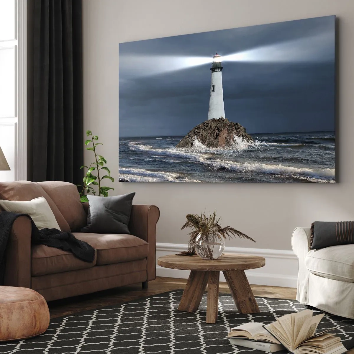 Obraz na plátne - Maják na skale obklopený rozbúreným morom - 70x50cm - Tu…tu…tuná! - Moderná nástenná dekorácia do obývacej izby a spálne ARTTOR