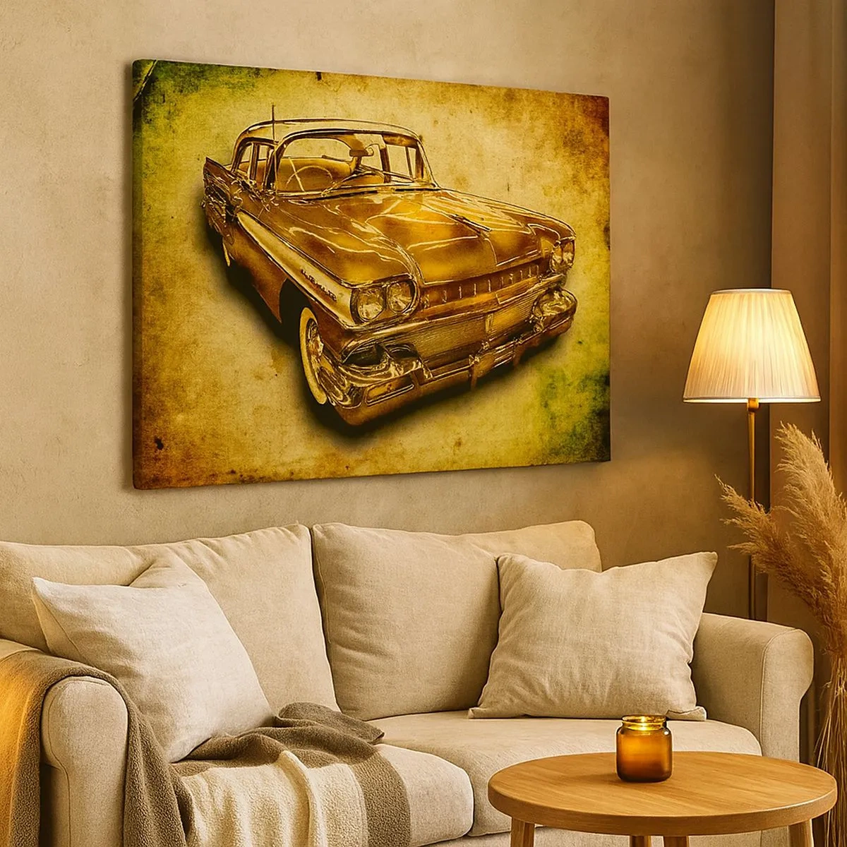 Obraz na plátne - Zlaté klasické retro auto na vintage pozadí so zostarnutým efektom. - 70x50cm - Nehynúca krása klasiky - Moderná nástenná dekorácia do obývacej izby a spálne ARTTOR
