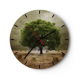 Nástenné hodiny - Strom obklopený pňami na pozadí búrlivej oblohy - 30x30cm - Celá nádej - Moderná nástenná dekorácia do obývacej izby, kuchyne a spálne ARTTOR