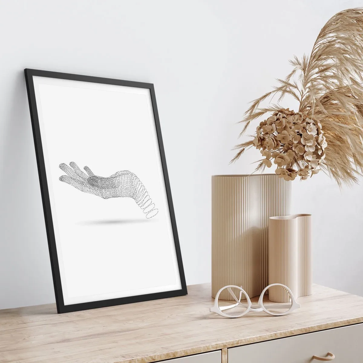 Plagát v čiernom ráme - Abstraktné ručne vyrobené z čiar na bielom pozadí - 50x70cm - Pružná ruka - Moderná nástenná dekorácia do obývacej izby a spálne ARTTOR