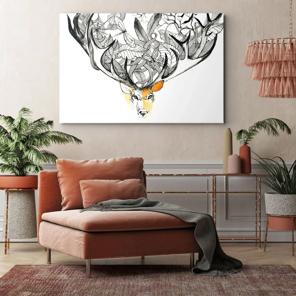 Obraz na plátne - Decentná grafika jeleňa s ozdobnými parohmi - 70x50cm - Rohy hojnosti - Moderná nástenná dekorácia do obývacej izby a spálne ARTTOR