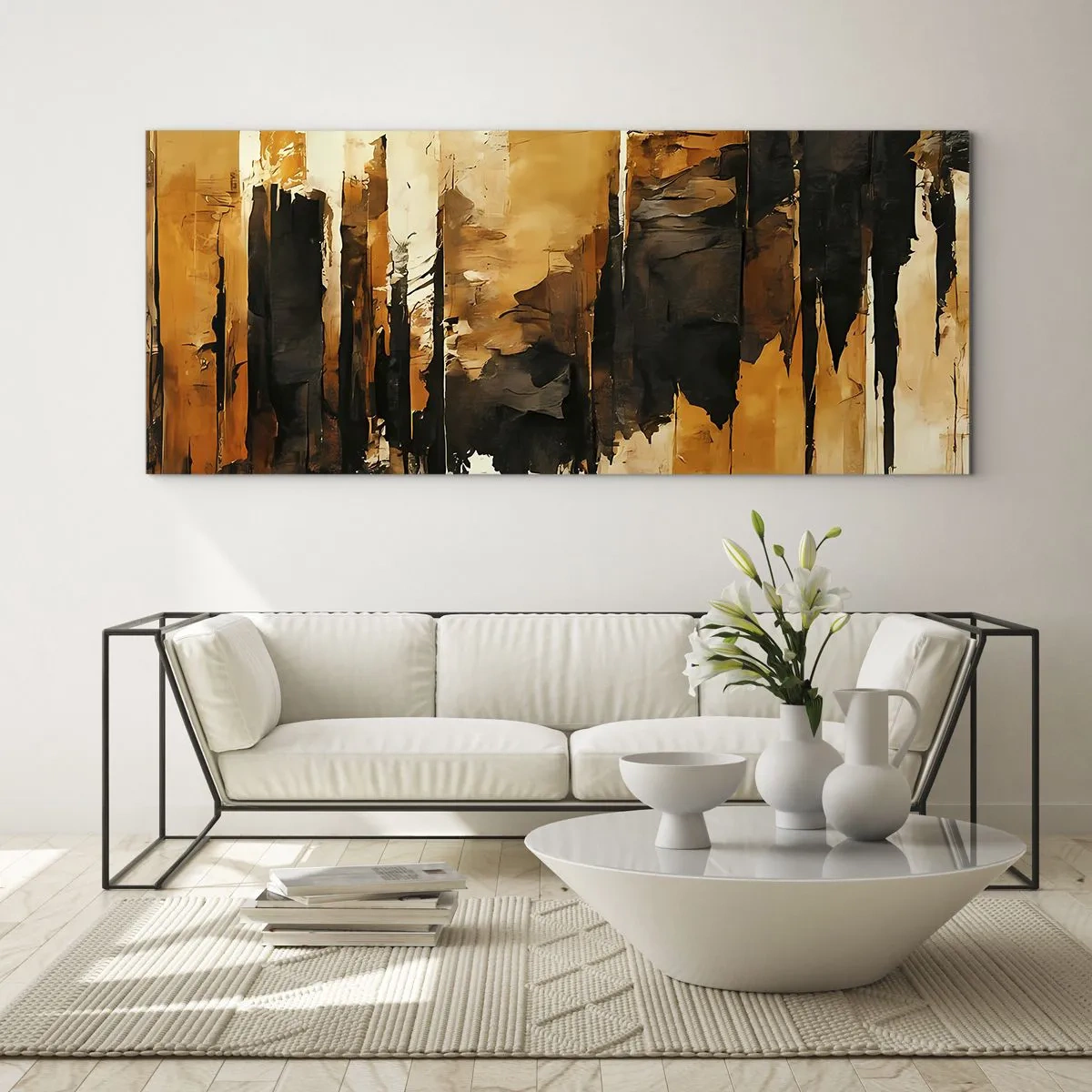 Obraz na skle - Harmónia čiernej a zlatej - 100x40 cm
