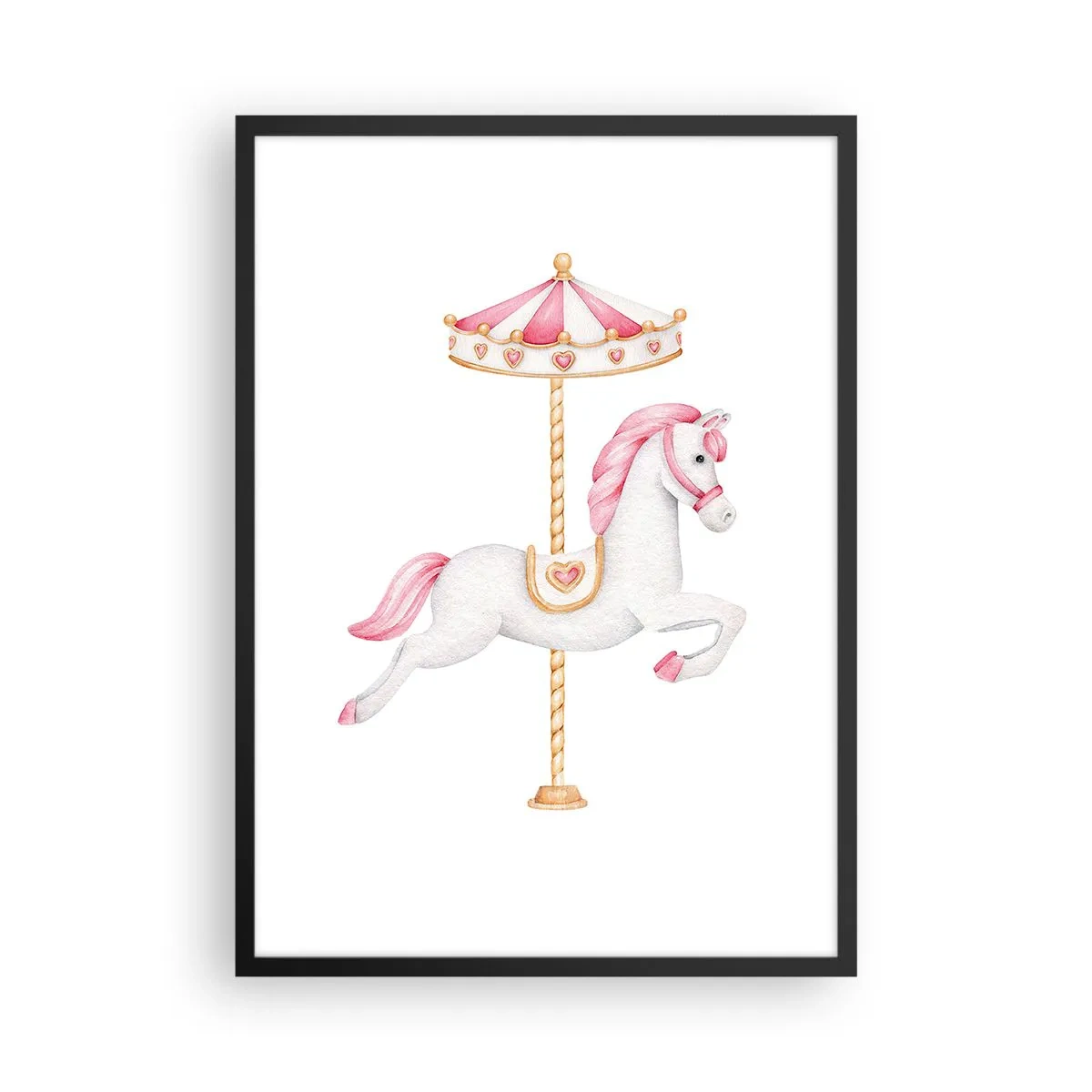 Plagát v čiernom ráme - Očarujúci biely kôň na kolotoči v pastelových farbách - 50x70cm - Vyrazil z kopýtka - Moderná nástenná dekorácia do obývacej izby a spálne ARTTOR