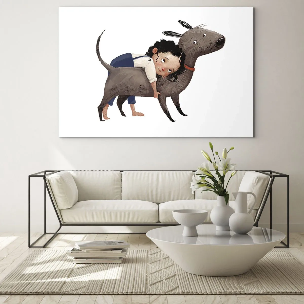 Obraz na skle - Dievča objíma veľkého psa na bielom pozadí - 70x50cm - Najlepší priatelia - Moderná nástenná dekorácia do obývacej izby a spálne ARTTOR