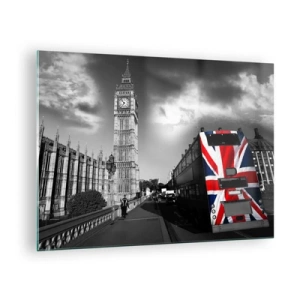 Obraz na skle - Big Ben a autobus s britskou vlajkou - 70x50cm - Hrdá a veľká - Moderná nástenná dekorácia do obývacej izby a spálne ARTTOR