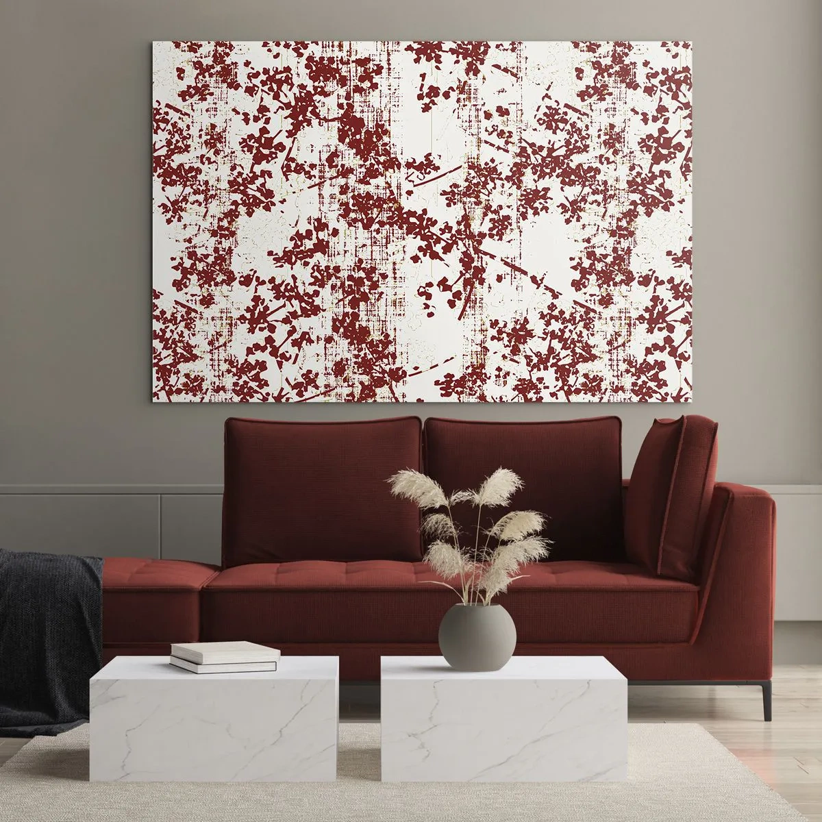 Obraz na skle - Červený kvetinový vzor na svetlom, opotrebovanom pozadí - 70x50cm - Staré kaliko - Moderná nástenná dekorácia do obývacej izby a spálne ARTTOR