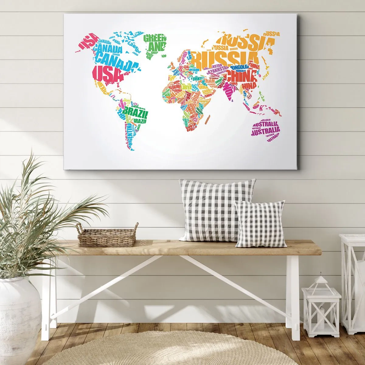 Obraz na plátne - Farebná mapa sveta s názvami krajín - 70x50cm - Chcem spoznať všetky - Moderná nástenná dekorácia do obývacej izby a spálne ARTTOR