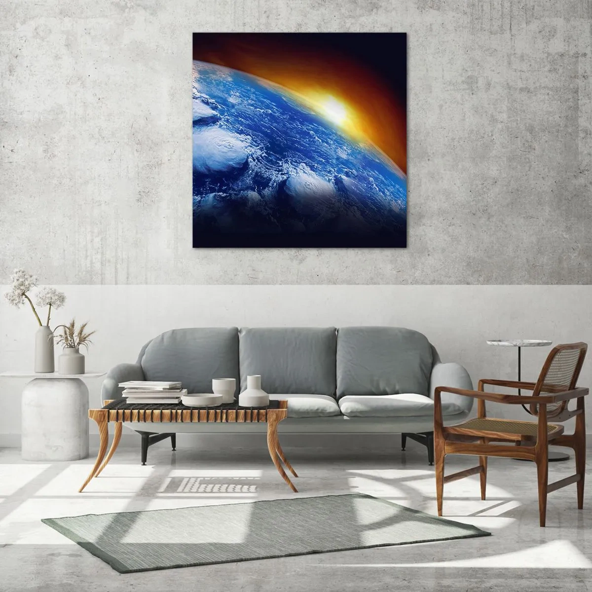 Obraz na skle - Východ slnka nad modrou planétou - 60x60 cm
