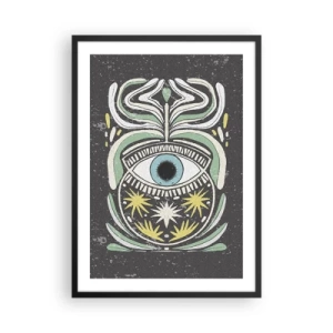 Plagát v čiernom ráme - Symbolické oko obklopené rastlinnými vzormi na tmavom pozadí. - 50x70cm - Kmeňové rituály - Moderná nástenná dekorácia do obývacej izby a spálne ARTTOR