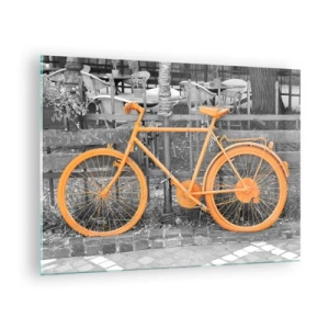 Obraz na skle - Ilustrácia oranžovo natretého bicykla na čiernobielom pozadí. - 70x50cm - Choď, ja tu počkám - Moderná nástenná dekorácia do obývacej izby a spálne ARTTOR