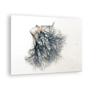 Obraz na skle - Silueta ženy s konármi ako vlasmi - 70x50cm - Očarená šepotom stromu - Moderná nástenná dekorácia do obývacej izby a spálne ARTTOR