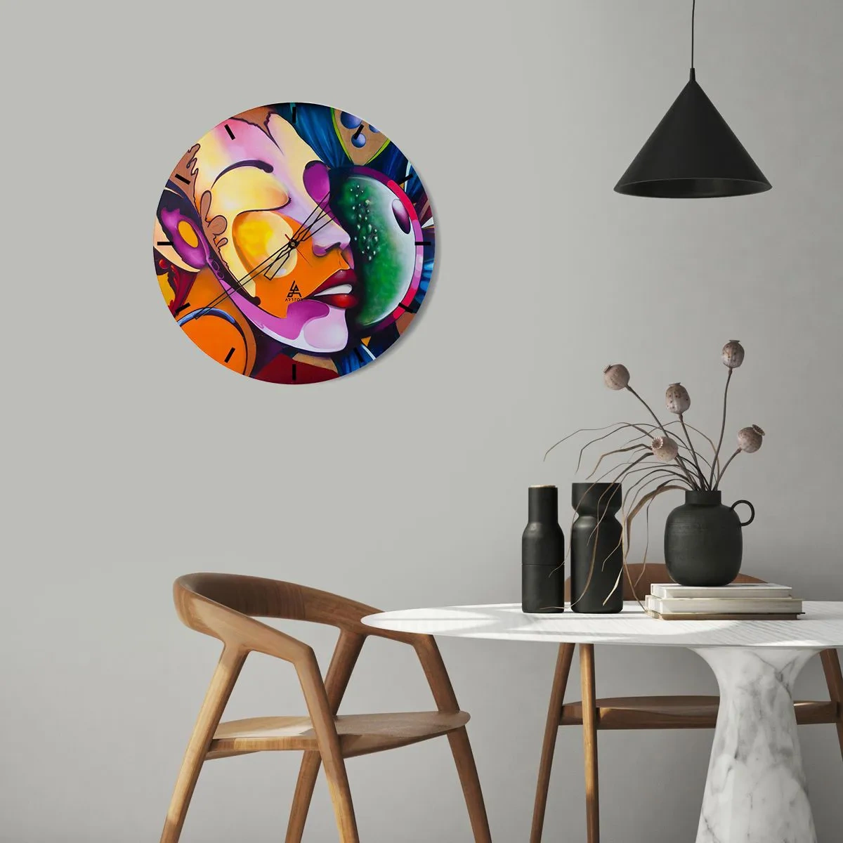 Nástenné hodiny - Abstraktný portrét v žiarivých farbách so surrealistickými tvarmi. - 30x30cm - Dotknúť sa farbou - Moderná nástenná dekorácia do obývacej izby, kuchyne a spálne ARTTOR