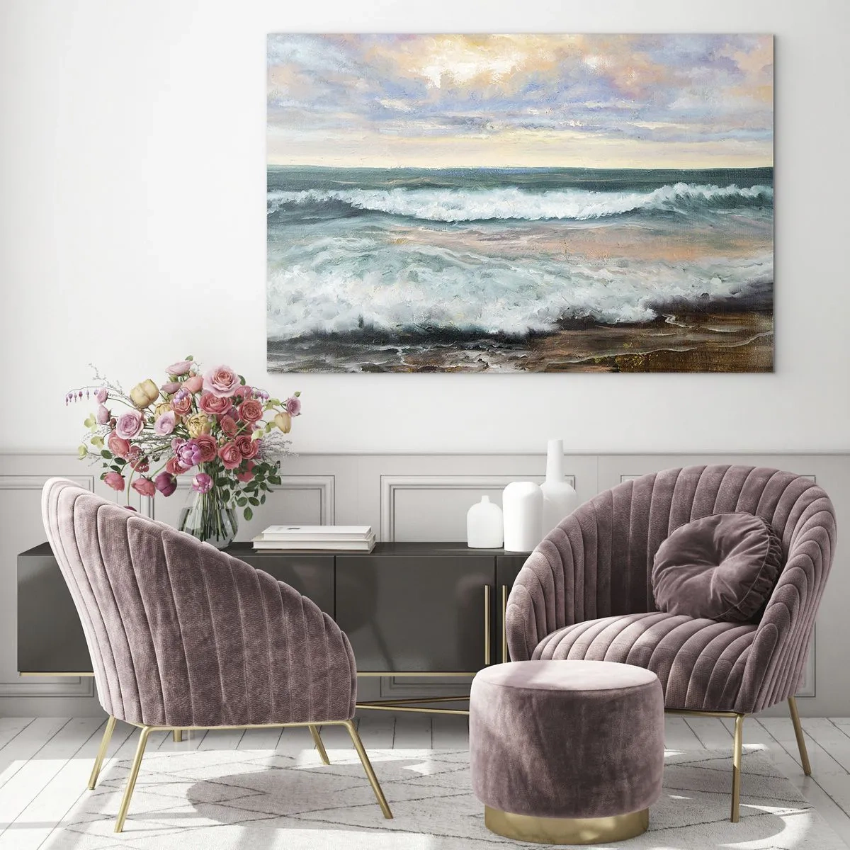 Obraz na skle - Maľba zobrazujúca vlny narážajúce na breh - 70x50cm - Tu uhladíš dušu - Moderná nástenná dekorácia do obývacej izby a spálne ARTTOR