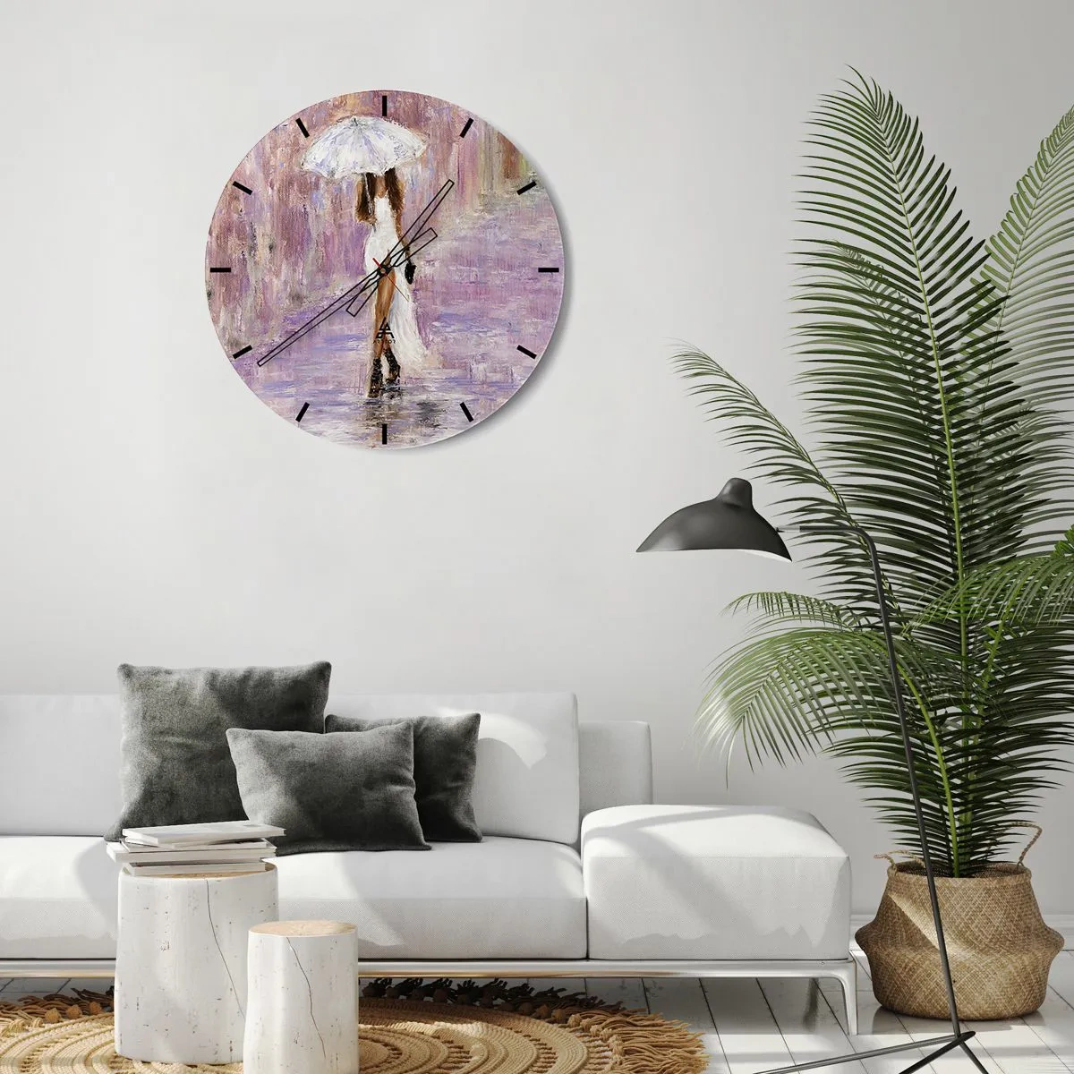 Nástenné hodiny - Postava ženy s dáždnikom v daždi na fialovom pozadí - 30x30cm - V ľaliovom daždi - Moderná nástenná dekorácia do obývacej izby, kuchyne a spálne ARTTOR