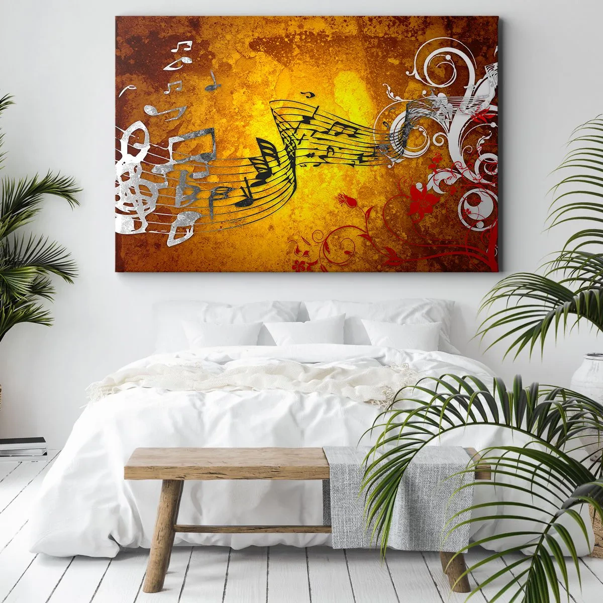 Obraz na plátne - Abstraktné hudobné noty na farebnom pozadí s ornamentami - 70x50cm - Nech znie hudba - Moderná nástenná dekorácia do obývacej izby a spálne ARTTOR