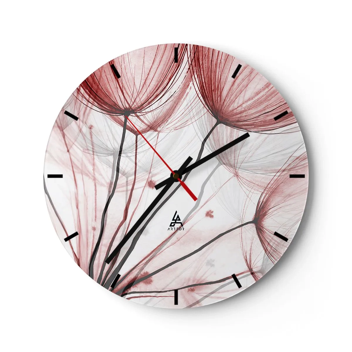 Nástenné hodiny - Jemné púpavy v odtieňoch červenej a bielej - 30x30cm - Pred odletom - Moderná nástenná dekorácia do obývacej izby, kuchyne a spálne ARTTOR