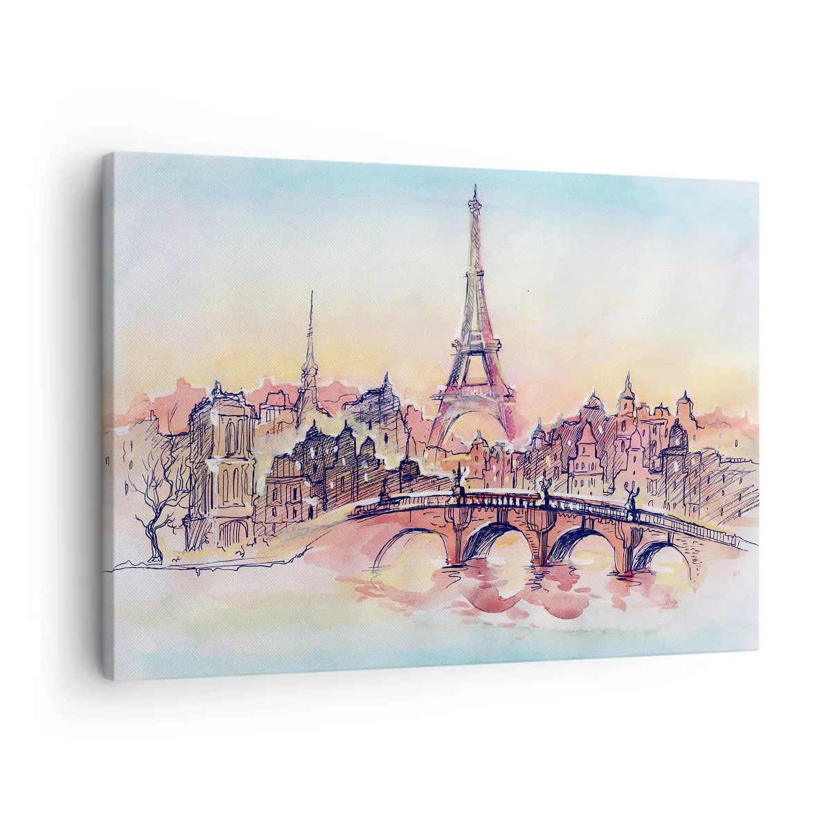 Obraz na plátne - Akvarelová panoráma Paríža s Eiffelovou vežou pri západe slnka - 70x50cm - Jediné také mesto na svete - Moderná nástenná dekorácia do obývacej izby a spálne ARTTOR