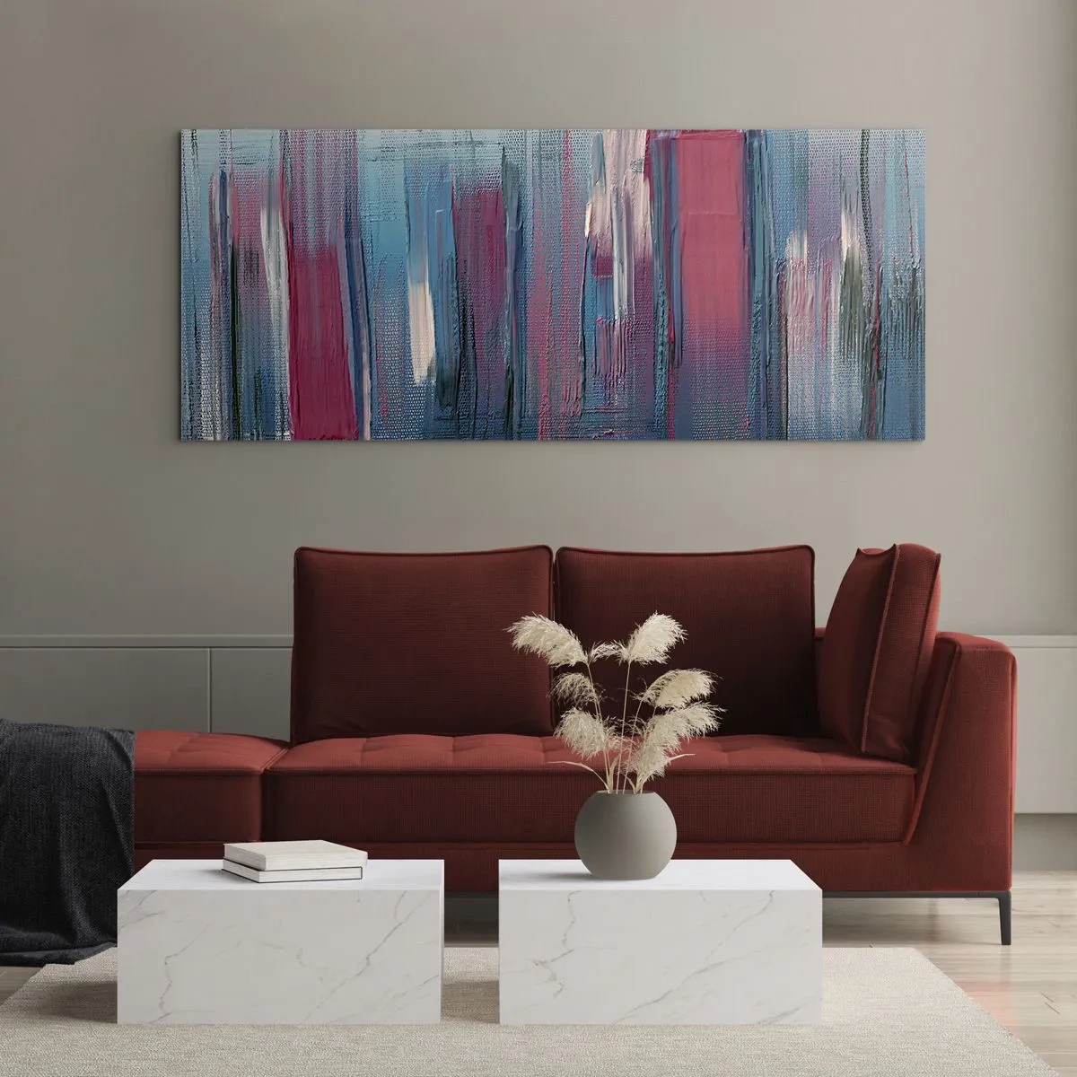 Obraz na skle - Vertikálna kompozícia v modrej a červenej - 100x40 cm