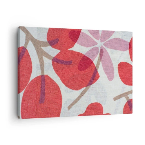 Obraz na plátne - Kvety a listy v odtieňoch červenej a ružovej - 70x50cm - Kvetinová kompozícia v ružovej - Moderná nástenná dekorácia do obývacej izby a spálne ARTTOR