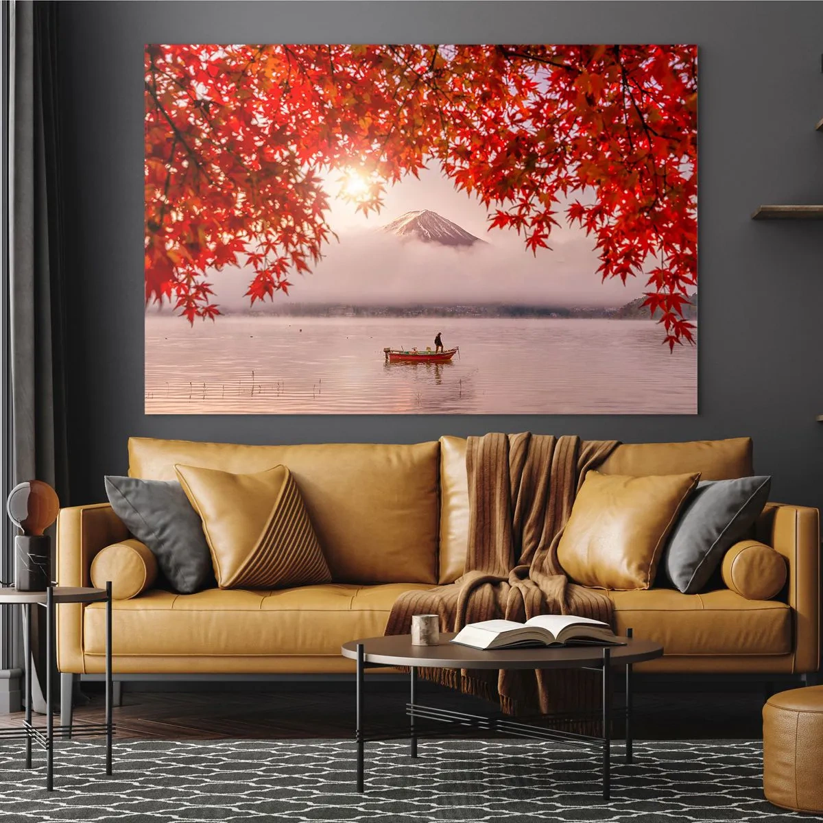 Obraz na skle - Hora Fudži s loďkou na jazere obklopenom červenými listami - 70x50cm - V japonskom štýle - Moderná nástenná dekorácia do obývacej izby a spálne ARTTOR