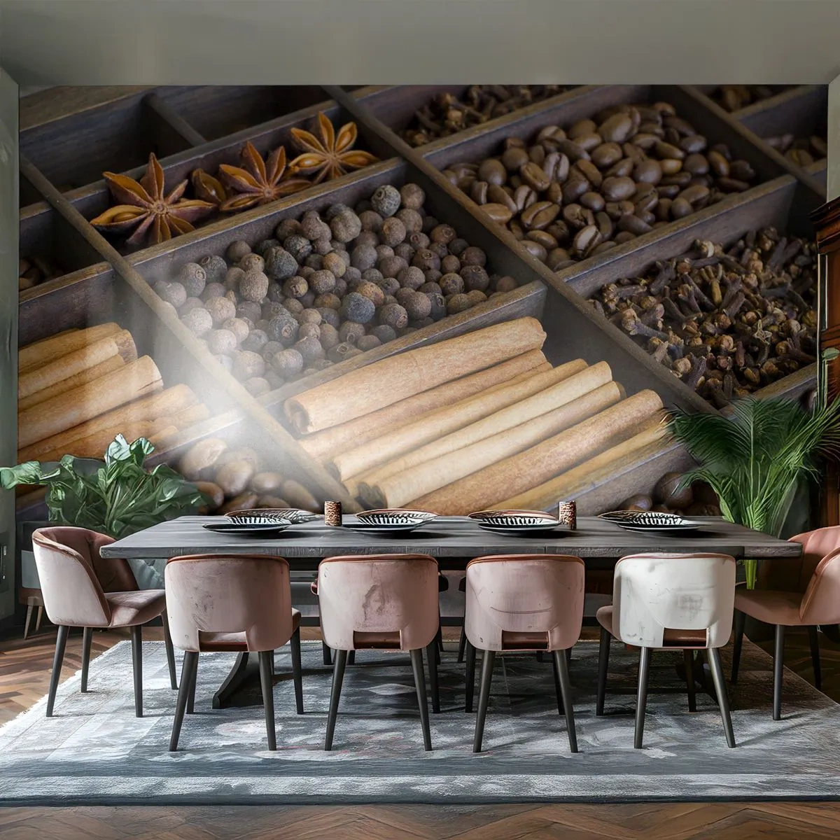 Fototapeta Standard Eco - Korenie a káva v drevených priehradkách - 100x70cm - Pokladnice vôní - Moderná nástenná dekorácia do obývacej izby a spálne ARTTOR