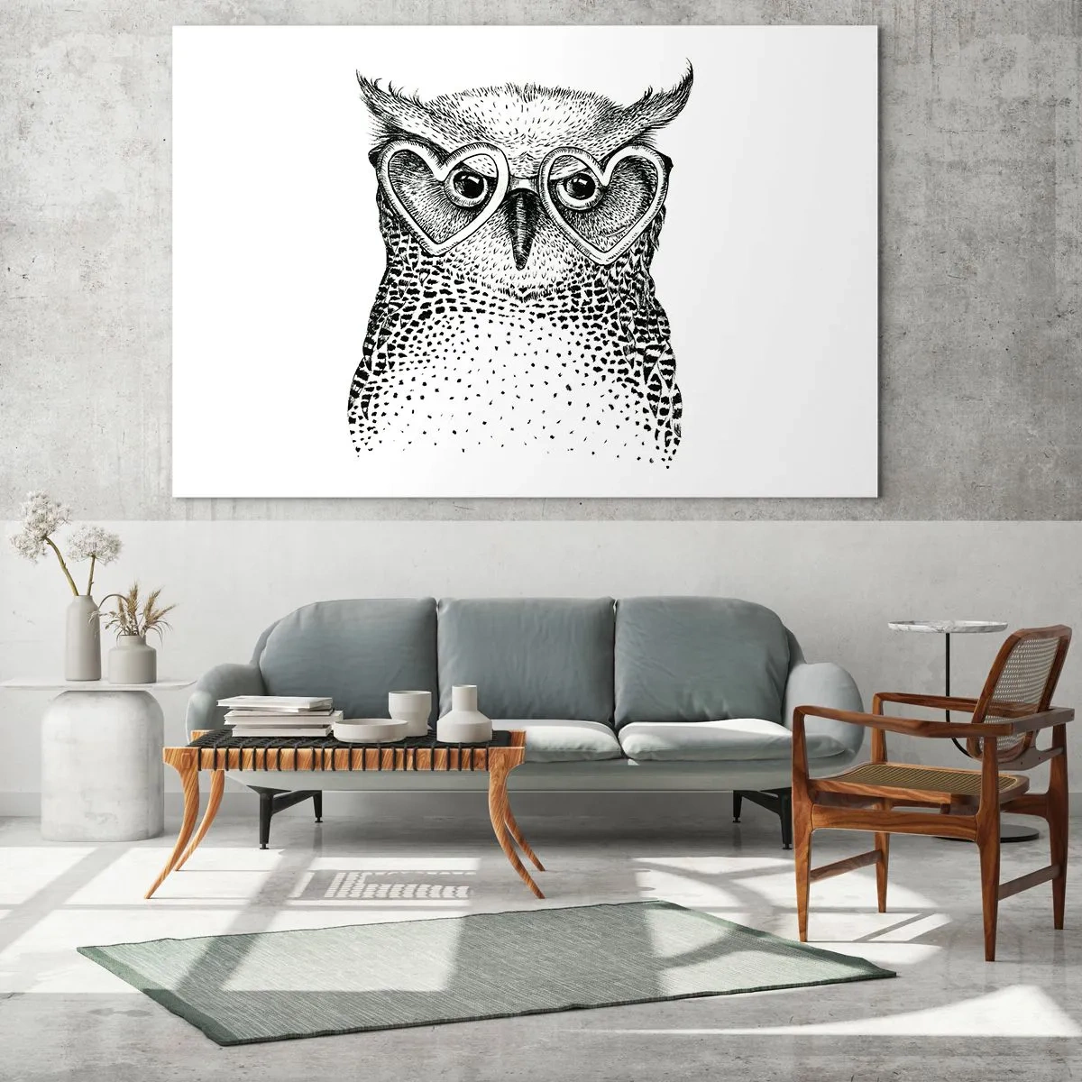 Obraz na skle - Ilustrácia sovy s okuliarmi v tvare srdca - 70x50cm - Múdro a s láskou - Moderná nástenná dekorácia do obývacej izby a spálne ARTTOR