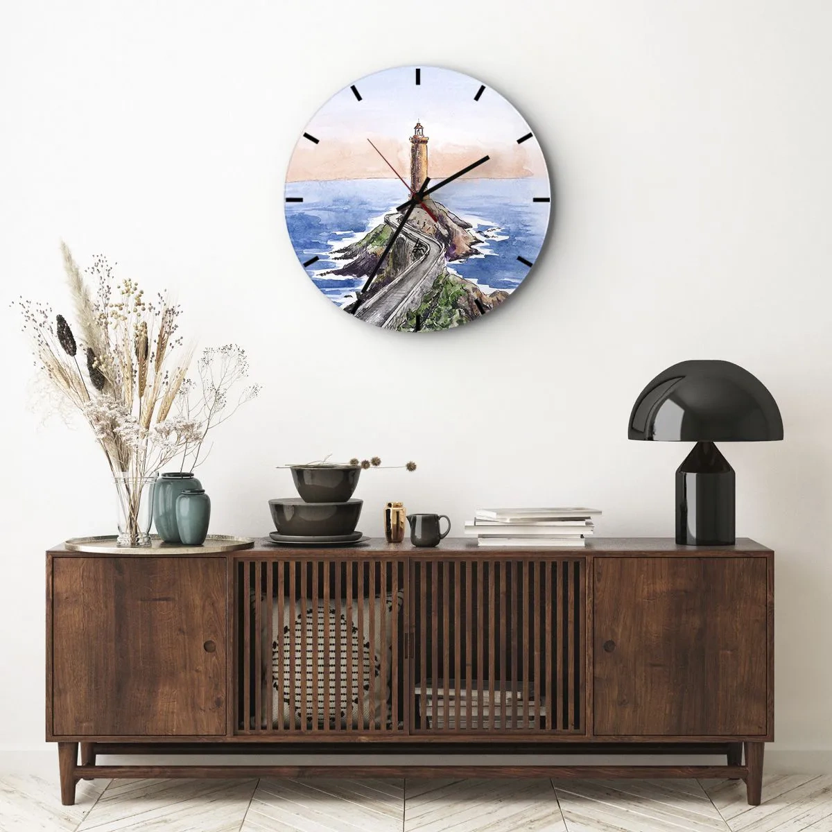 Nástenné hodiny - Maják na myse v akvarelovom štýle - 30x30cm - Tvárou v tvár moru - Moderná nástenná dekorácia do obývacej izby, kuchyne a spálne ARTTOR