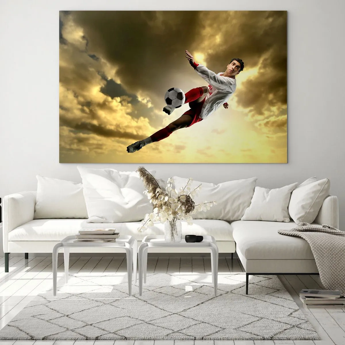 Obraz na skle - Futbalista v akcii proti zlatej oblohe - 70x50cm - Futbalové nebo - Moderná nástenná dekorácia do obývacej izby a spálne ARTTOR