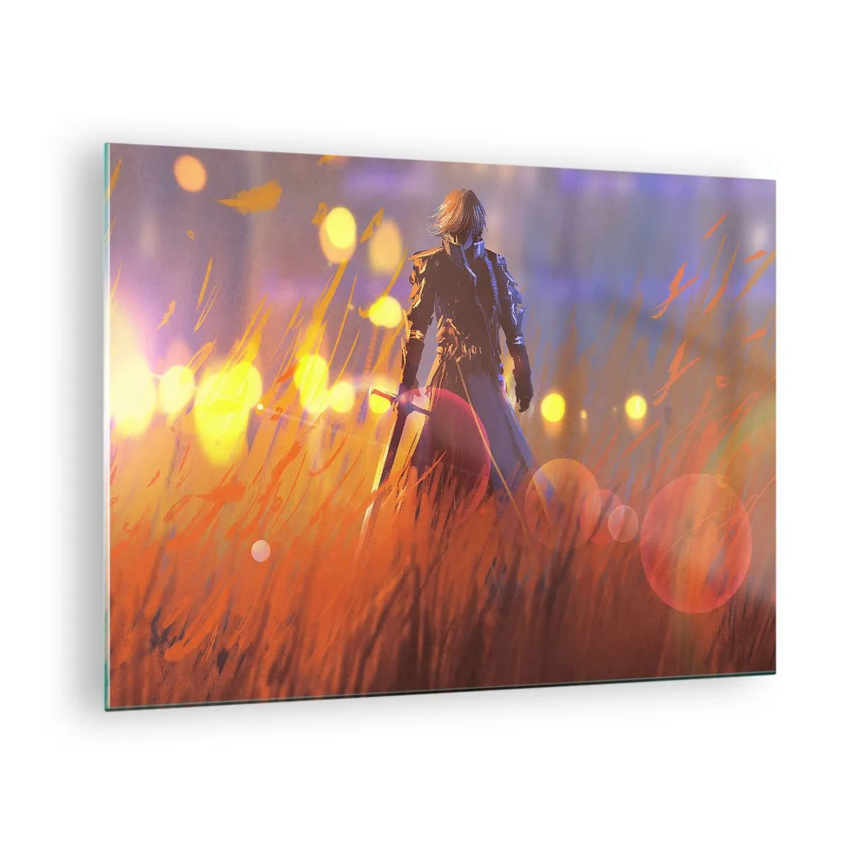 Obraz na skle - Postava v brnení medzi oranžovou trávou so svietiacim pozadím. - 70x50cm - Bludný rytier - Moderná nástenná dekorácia do obývacej izby a spálne ARTTOR