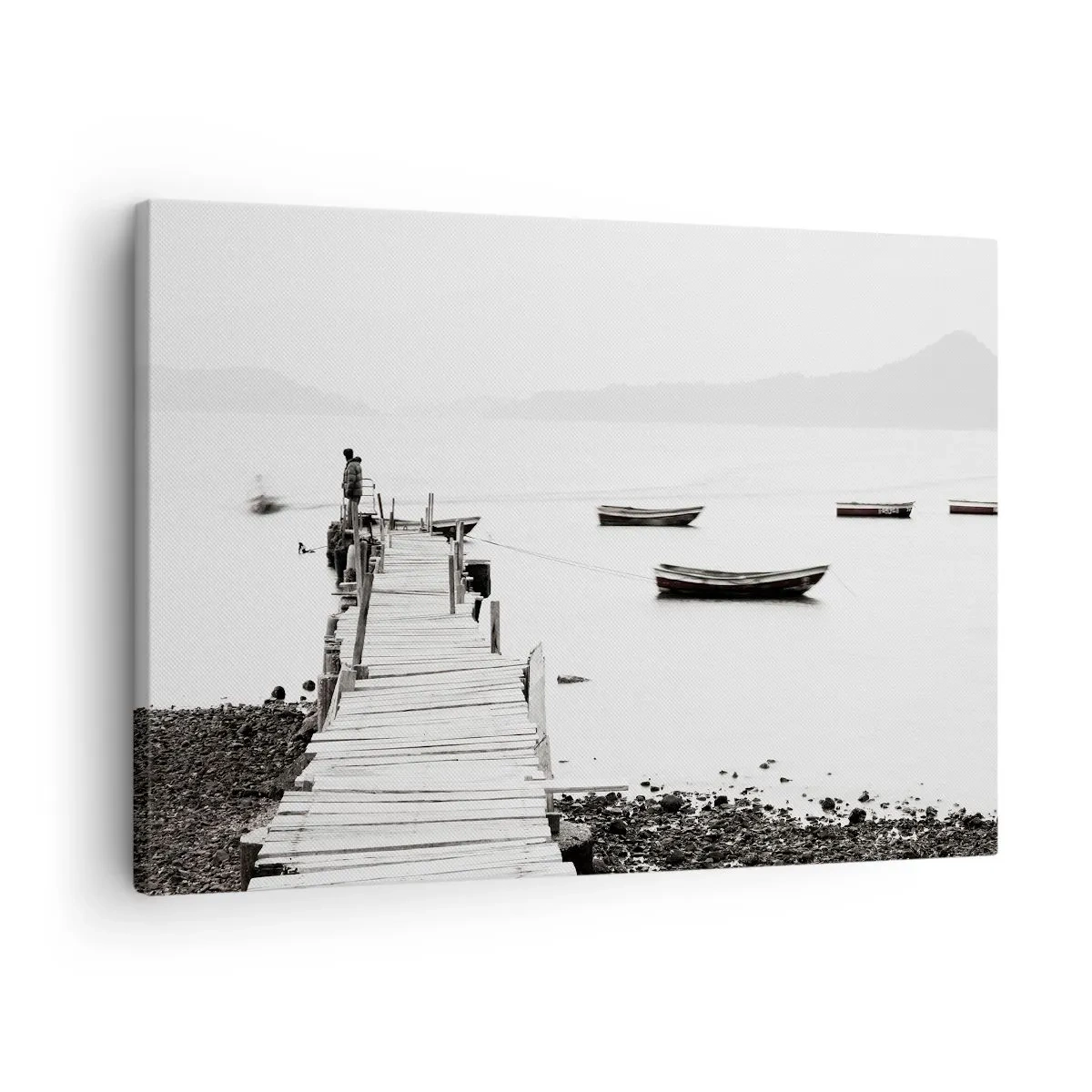 Obraz na plátne - Drevené mólo a lode na pokojnej vode - 70x50cm - Pri tichej a čistej vode - Moderná nástenná dekorácia do obývacej izby a spálne ARTTOR