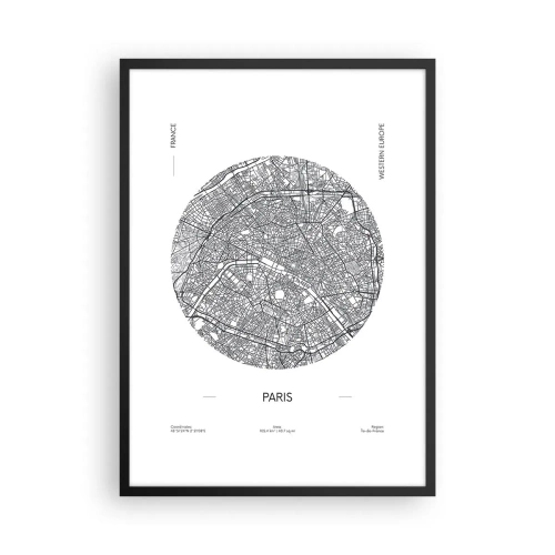Plagát v čiernom ráme - Minimalistická mapa Paríža v kruhu - 50x70cm - Anatómia Paríža - Moderná nástenná dekorácia do obývacej izby a spálne ARTTOR