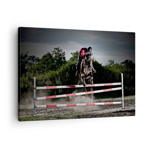 Obraz na plátne - Jazdec na koni skáče cez prekážku na dostihovej dráhe - 70x50cm - Spoločne pre víťazstvo - Moderná nástenná dekorácia do obývacej izby a spálne ARTTOR