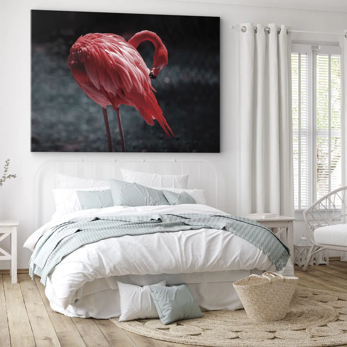 Obraz na plátne - Ružový plameniak na tmavozelenom pozadí - 70x50cm - Karmínová báseň prírody - Moderná nástenná dekorácia do obývacej izby a spálne ARTTOR