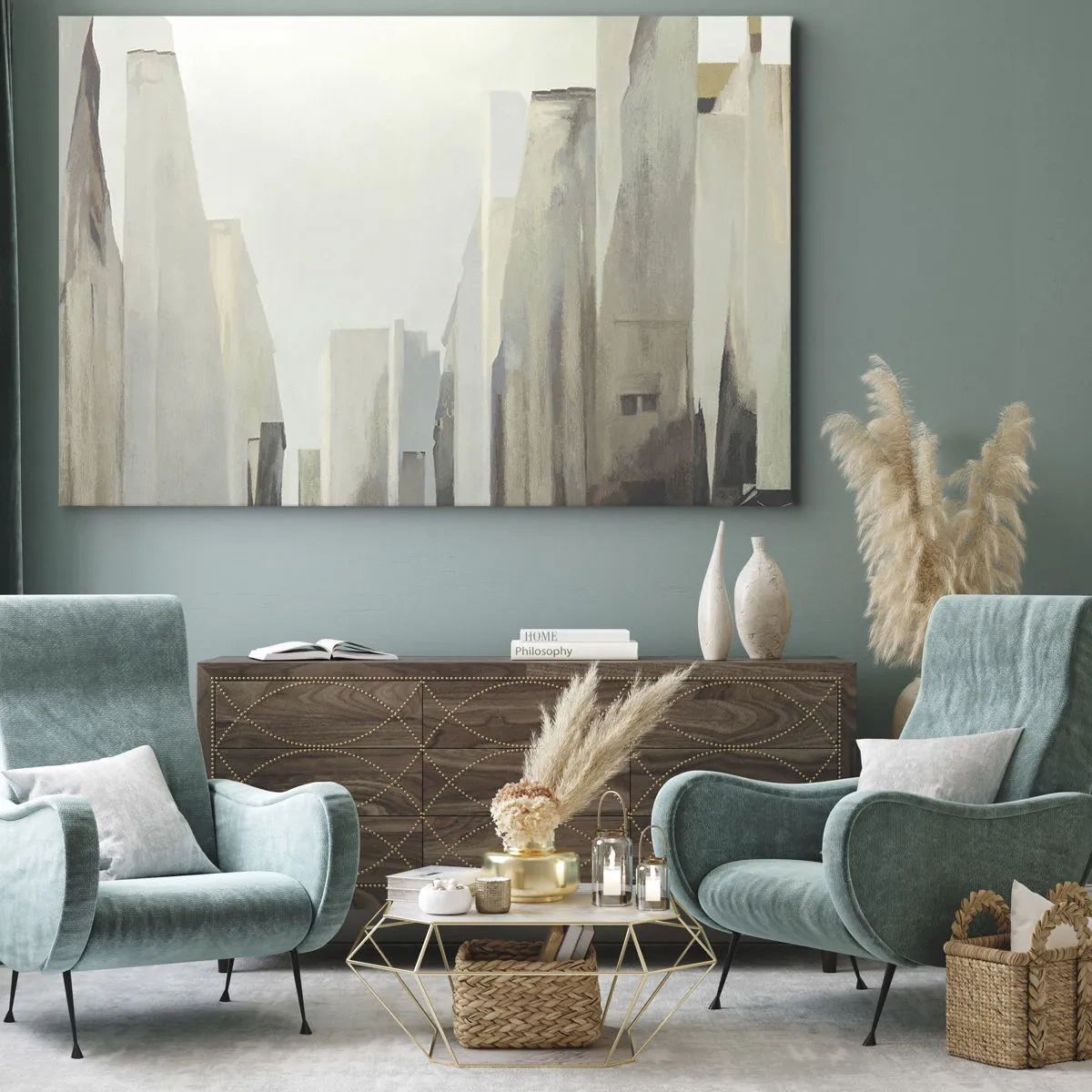Obraz na plátne - Abstraktná panoráma mesta v pastelových odtieňoch - 70x50cm - Sen o meste - Moderná nástenná dekorácia do obývacej izby a spálne ARTTOR