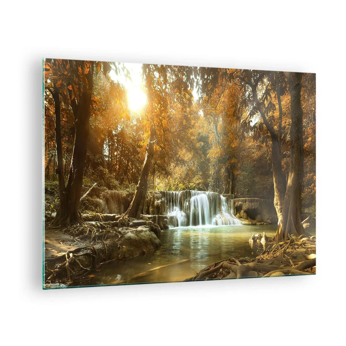 Obraz na skle - Vodopád v parku obklopenom stromami v jesenných farbách - 70x50cm - Parkový vodopád - Moderná nástenná dekorácia do obývacej izby a spálne ARTTOR