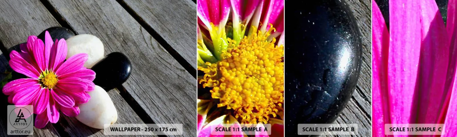 Vzorka Fototapeta Standard Eco - Odpočinok na móle - Kvetina, Kamene, Drevený most - 100x30 cm