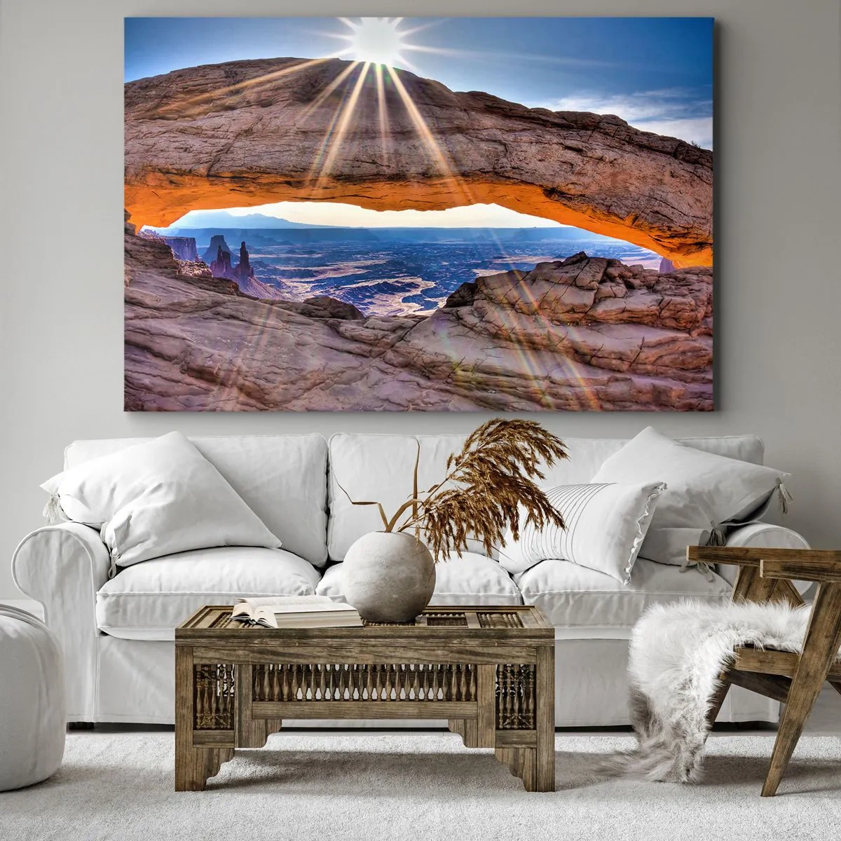 Obraz na plátne - Skalný oblúk s výhľadom na kaňon pri východe slnka - 70x50cm - Skalnou bránou - Moderná nástenná dekorácia do obývacej izby a spálne ARTTOR