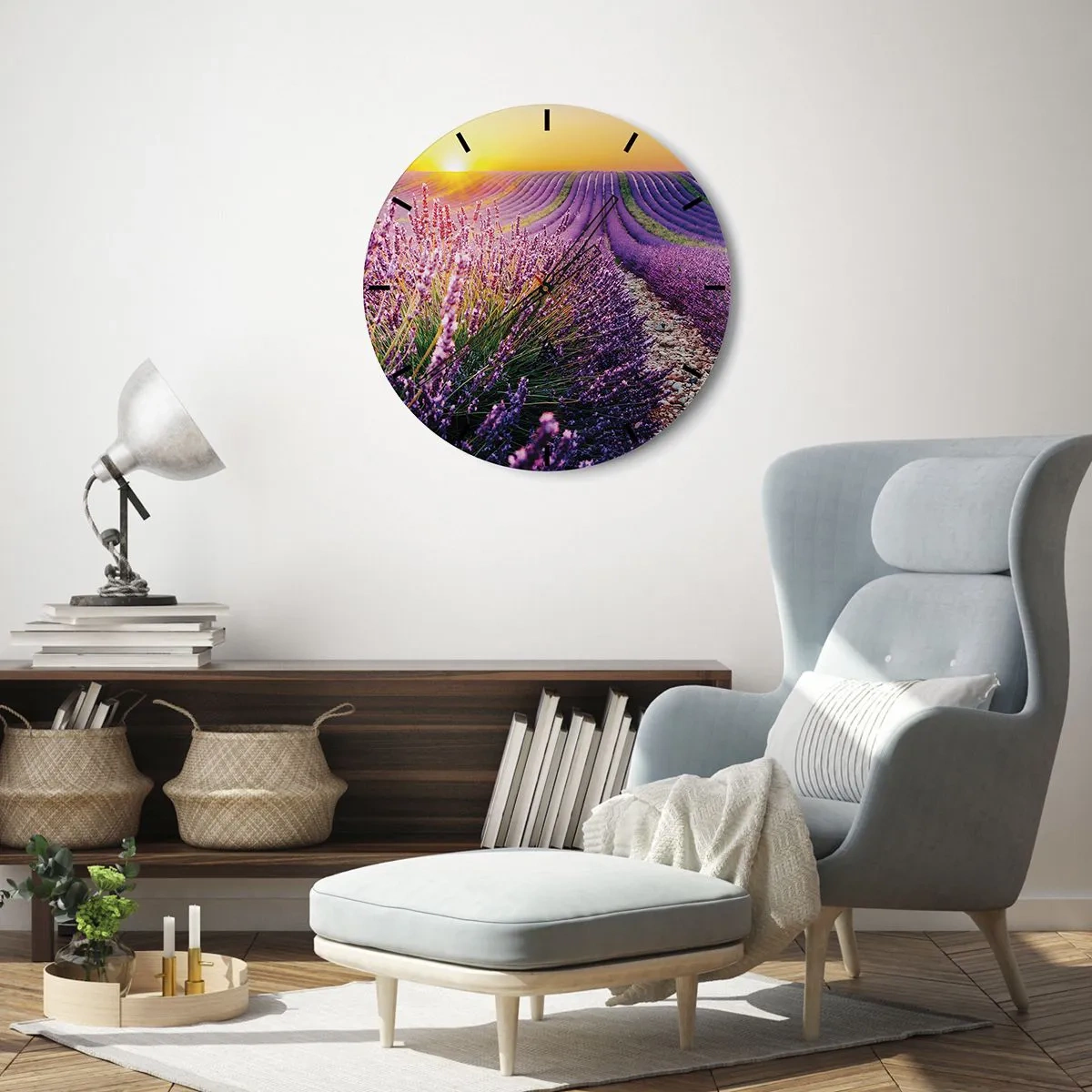 Nástenné hodiny - Levanduľové pole pri západe slnka s kamenistým chodníkom - 30x30cm - Voňavý lán - Moderná nástenná dekorácia do obývacej izby, kuchyne a spálne ARTTOR