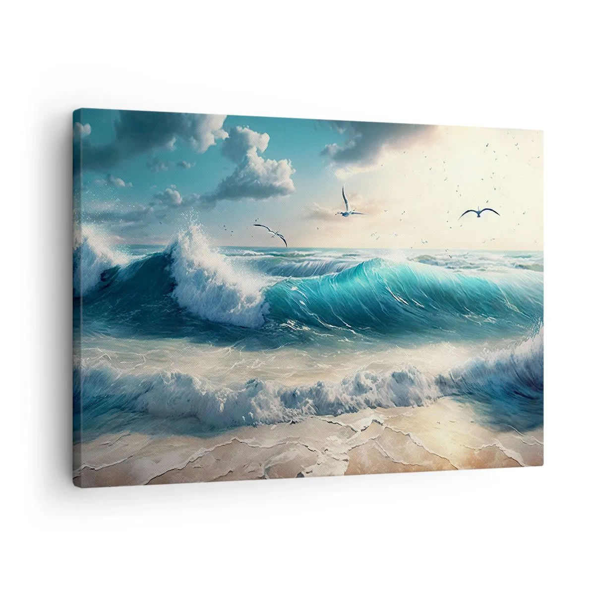 Obraz na plátne - Morské vlny na pláži pod modrou oblohou s čajkami - 70x50cm - Šušťanie len pre teba - Moderná nástenná dekorácia do obývacej izby a spálne ARTTOR
