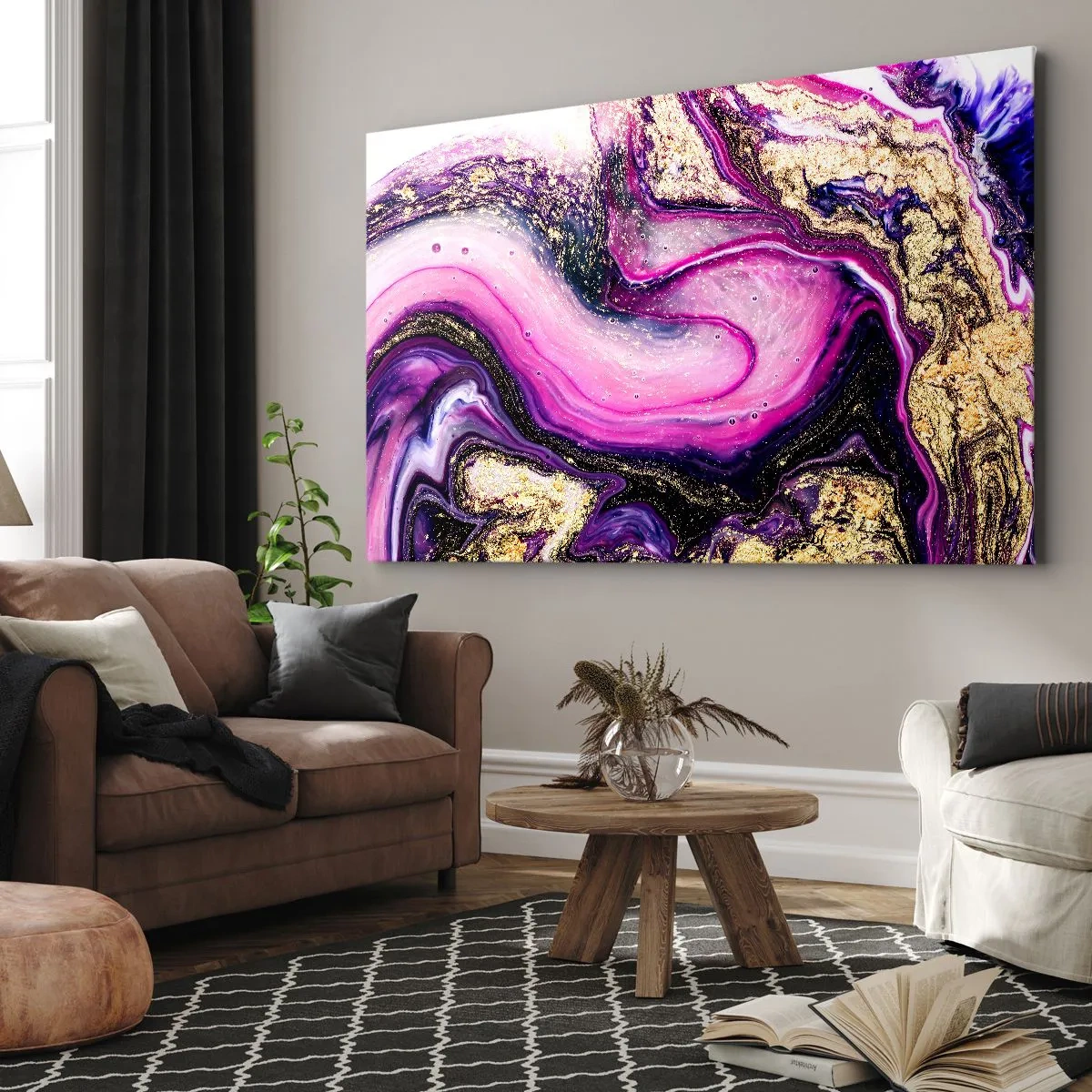 Obraz na plátne - Abstraktné vlny v odtieňoch fialovej a zlatej - 70x50cm - Okamih v zákulisí - Moderná nástenná dekorácia do obývacej izby a spálne ARTTOR