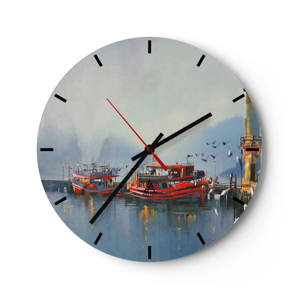 Nástenné hodiny - Prístav s červenými loďami na pokojnej vode ráno - 30x30cm - Na konci sveta - Moderná nástenná dekorácia do obývacej izby, kuchyne a spálne ARTTOR