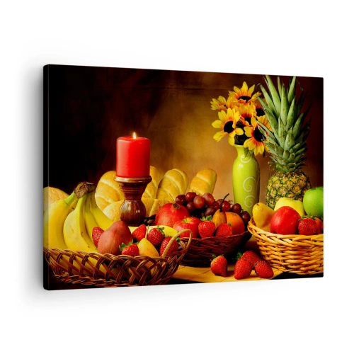 Obraz na plátne - Zátišie s ovocím, chlebom, sviečkou a kvetmi - 70x50cm - Zátišie s pečivom a ovocím - Moderná nástenná dekorácia do obývacej izby a spálne ARTTOR