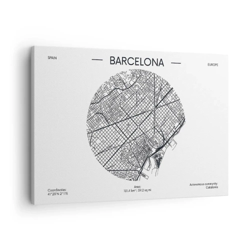 Obraz na plátne - Mapa Barcelony v minimalistickom čiernobielom štýle - 70x50cm - Anatómia Barcelony - Moderná nástenná dekorácia do obývacej izby a spálne ARTTOR