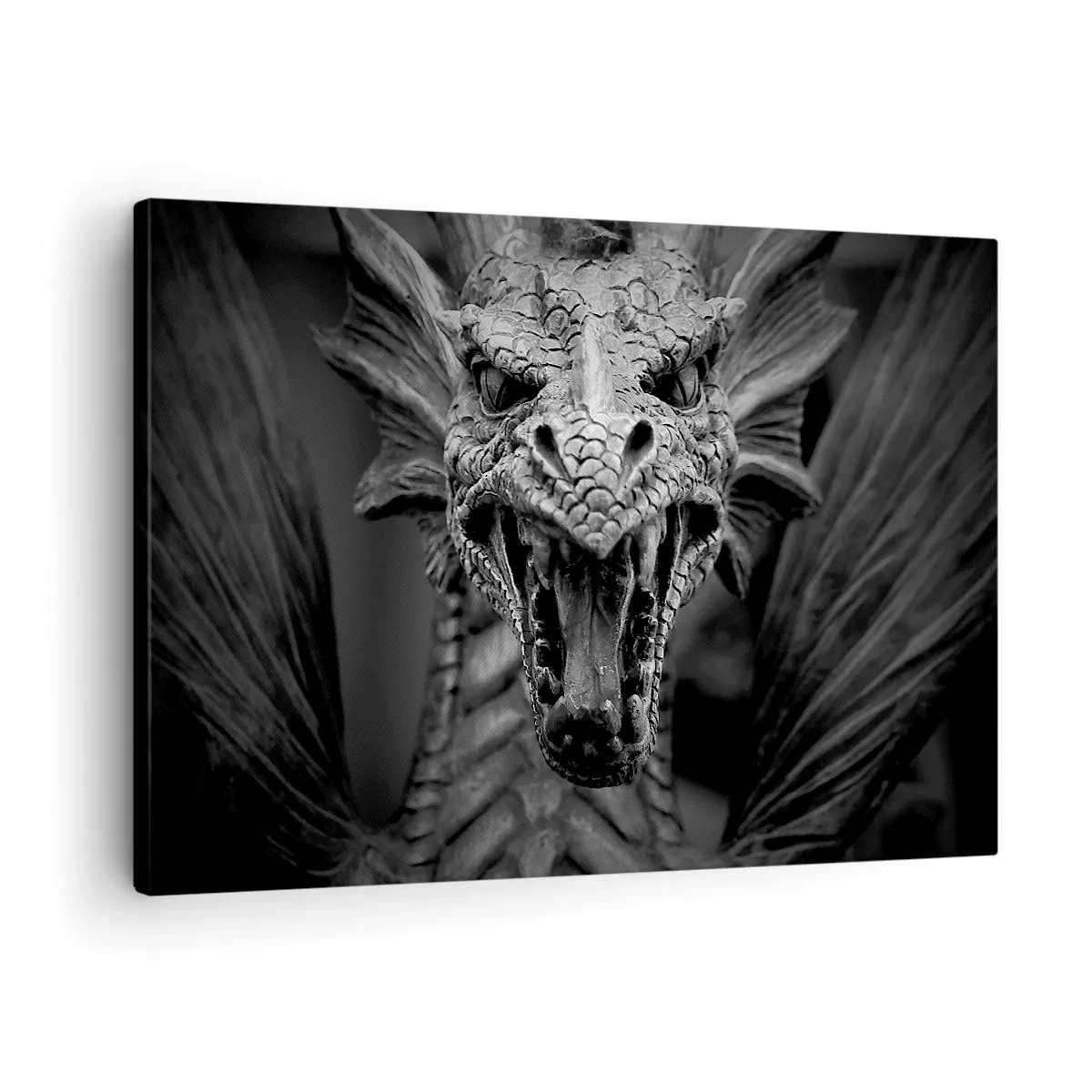 Obraz na plátne - Hrozivá dračia hlava v čiernej a bielej farbe s výraznými detailmi. - 70x50cm - Rozprávkový drak v šedi - Moderná nástenná dekorácia do obývacej izby a spálne ARTTOR