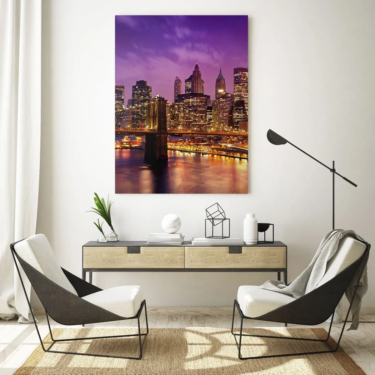Obraz na skle - Fialovo-zlatý Manhattan - 50x70 cm