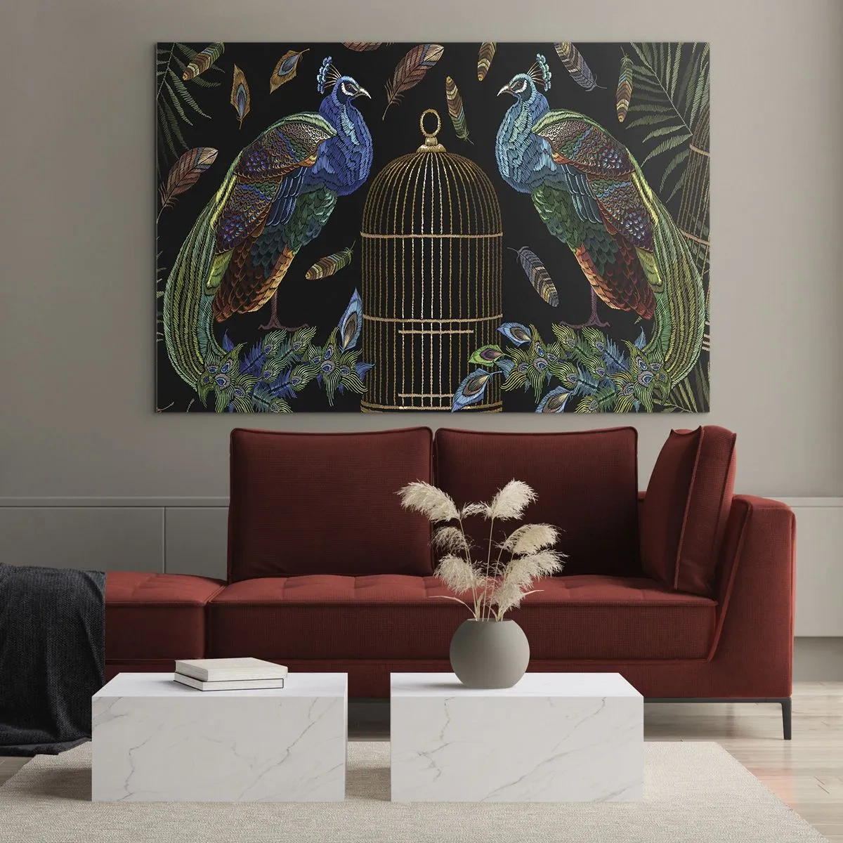 Obraz na skle - Farebné pávy a klietka na čiernom pozadí - 70x50cm - V kráľovskom rúchu - Moderná nástenná dekorácia do obývacej izby a spálne ARTTOR