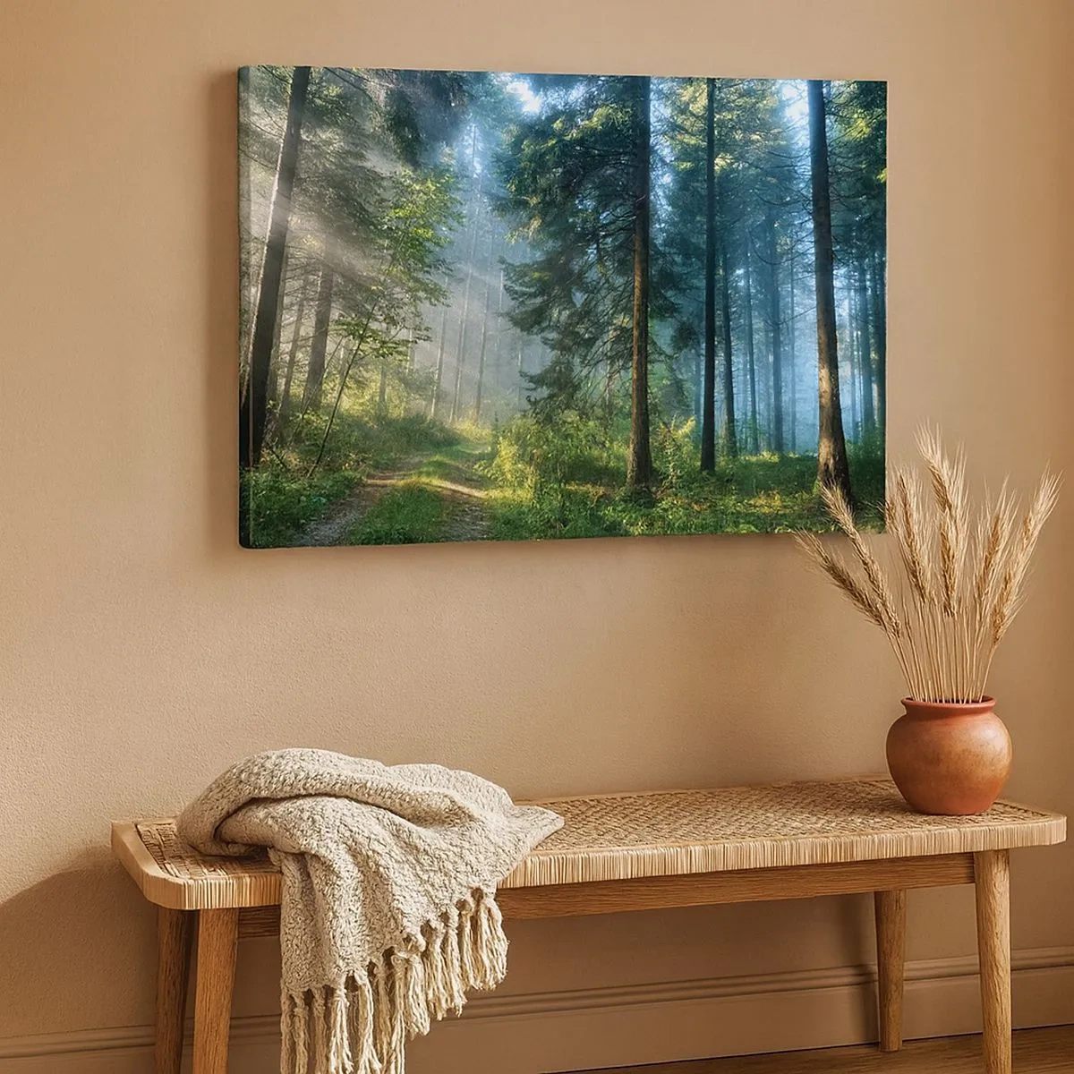 Obraz na plátne - Lesný chodník osvetlený lúčmi ranného slnka - 70x50cm - Žiariaci za úsvitu - Moderná nástenná dekorácia do obývacej izby a spálne ARTTOR