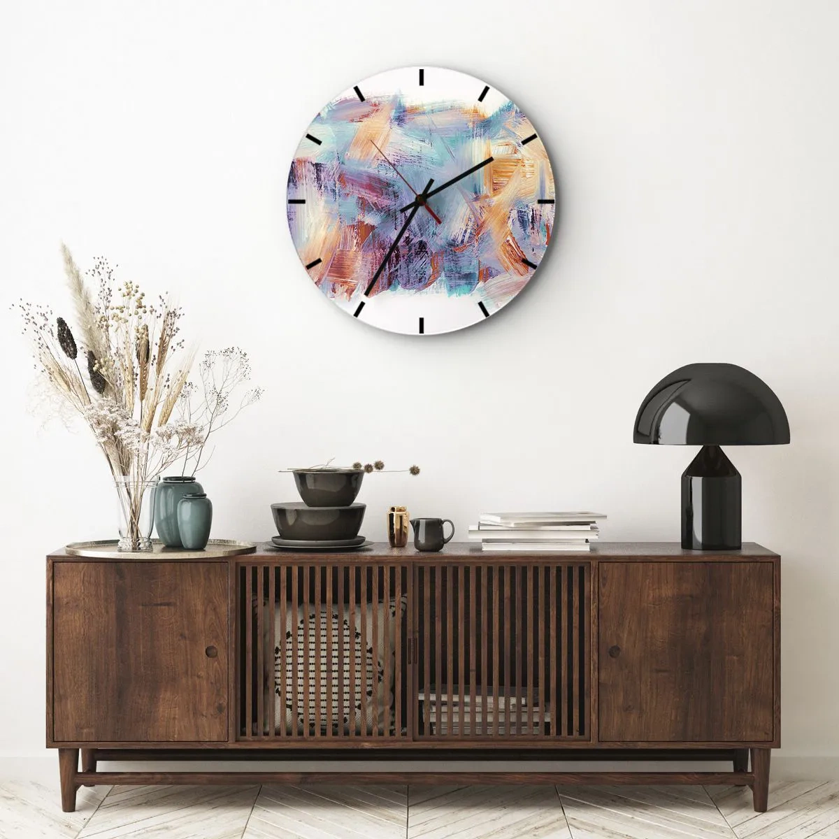 Nástenné hodiny - Dynamické ťahy štetcom v žiarivých farbách - 30x30cm - Farebný neporiadok - Moderná nástenná dekorácia do obývacej izby, kuchyne a spálne ARTTOR