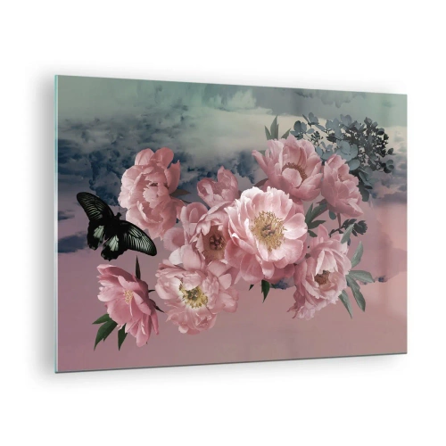 Obraz na skle - Ružové pivonky s motýľom na pozadí oblohy - 70x50cm - Vrchol romantizmu - Moderná nástenná dekorácia do obývacej izby a spálne ARTTOR